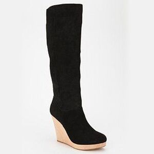 Urban Outfitters Black Suede Slouchy Wood Wedge Heel Knee Tall Boots Chic 7.5